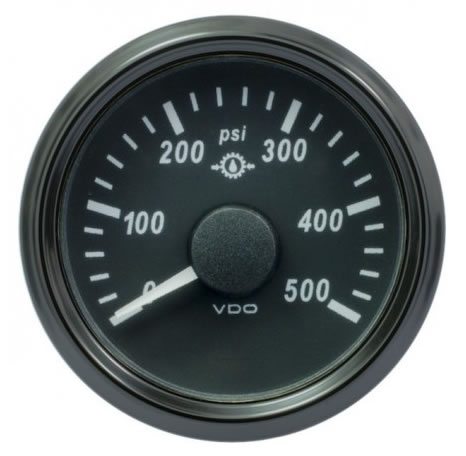 VDO SingleViu Gear Oil Pressure Gauges 500PSI Black 52mm